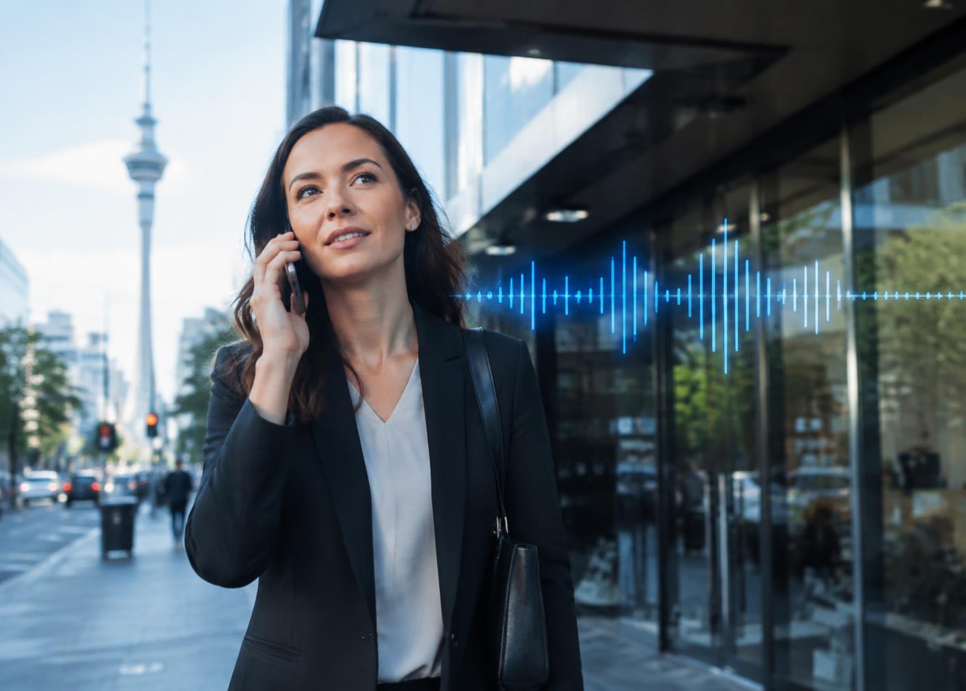 Woman calling a business on her phone on an Auckland street