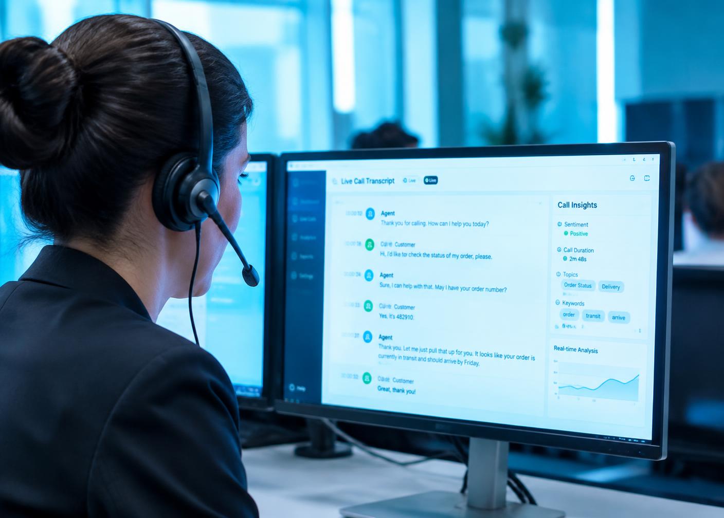 Supervisor with headset watching live AI call transcripts