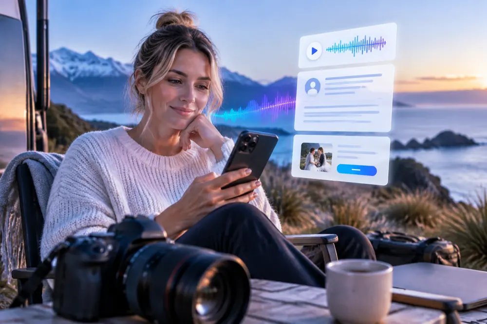 Wedding photographers owner reviewing SAM call summaries and pre-booked jobs on a phone