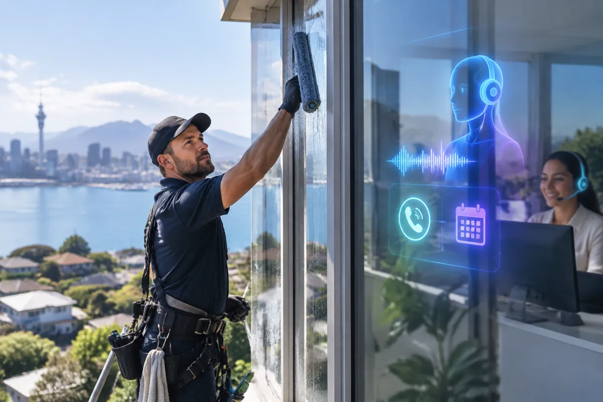 Window cleaners team at work while AIIT Voice AI answers customer calls
